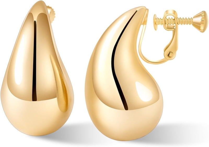 NVWAROCK Store Gold Drop Clip On Earrings Dupes Teardrop Chunky Non Pierced Earring 14K Real Gold Plated Hypoallergenic Lightweight Earrings for Women（Gold and Silver） - Image 1